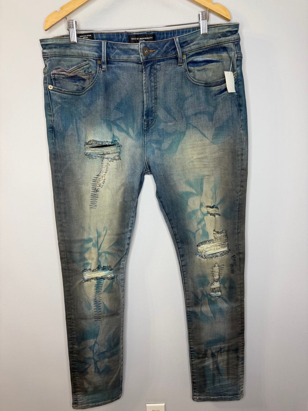 Cult of Individuality Skinny Jeans Mens 40x34 Blue Distressed Stretch Denim New